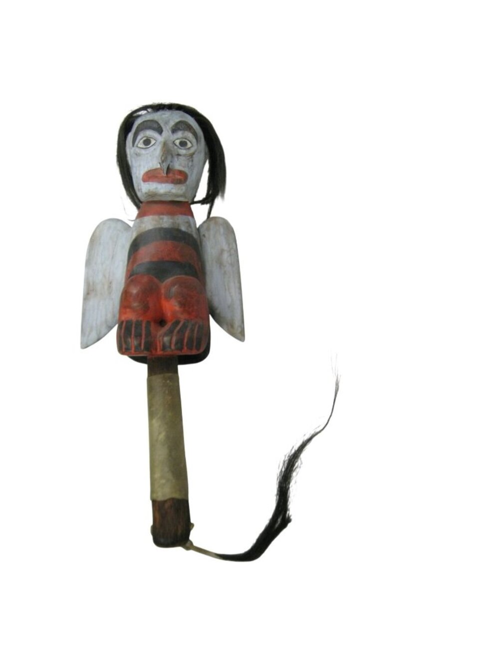 Owl Man Figure Handcrafted Wooden Doll Rattle Painted Leather Wrap Vintage